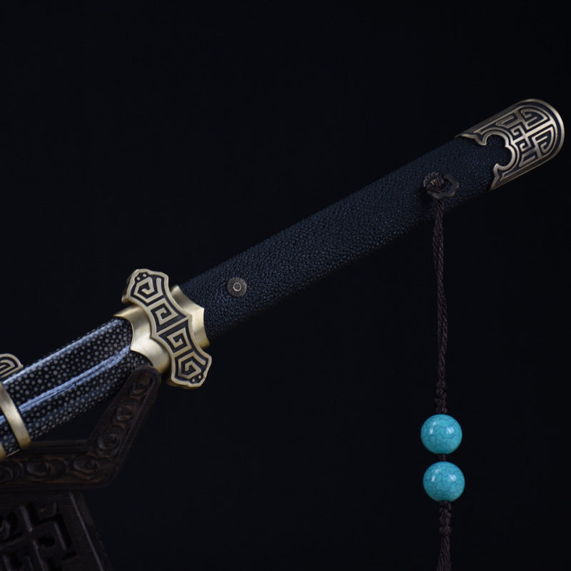 Hand-Forged T10 Clay-Tempered Sword  "Fire Dragon" | Chinese Style | Pearl Ray Skin Scabbard | Pure Copper Fittings | Wooden Box Packaging | Home Display