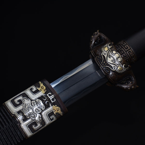 Hand-Forged Pattern Steel "Dichen" Sword  Clay-Tempered Edge | Chinese Style | Wooden Box Packaging | Home Display