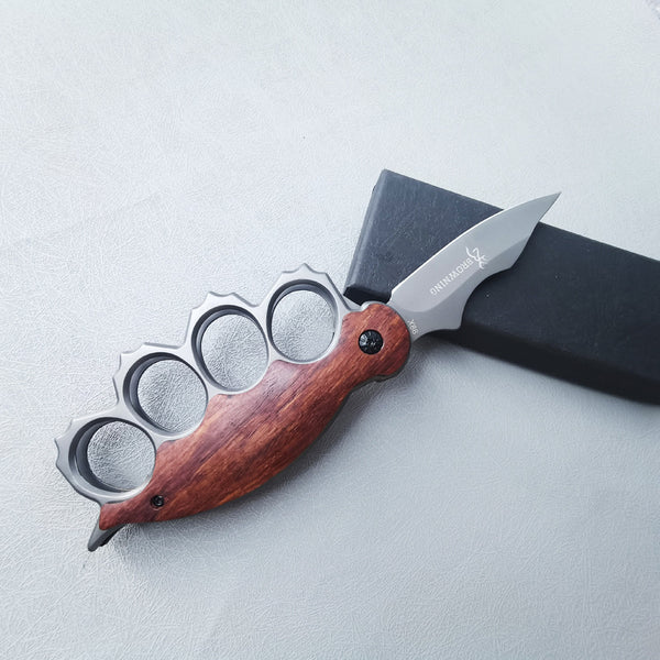 Camping Mini Folding Knife, Wood Handle, High Hardness, with Knuckle Duster (4-Finger Brass Knuckles), Portable Fruit Knife