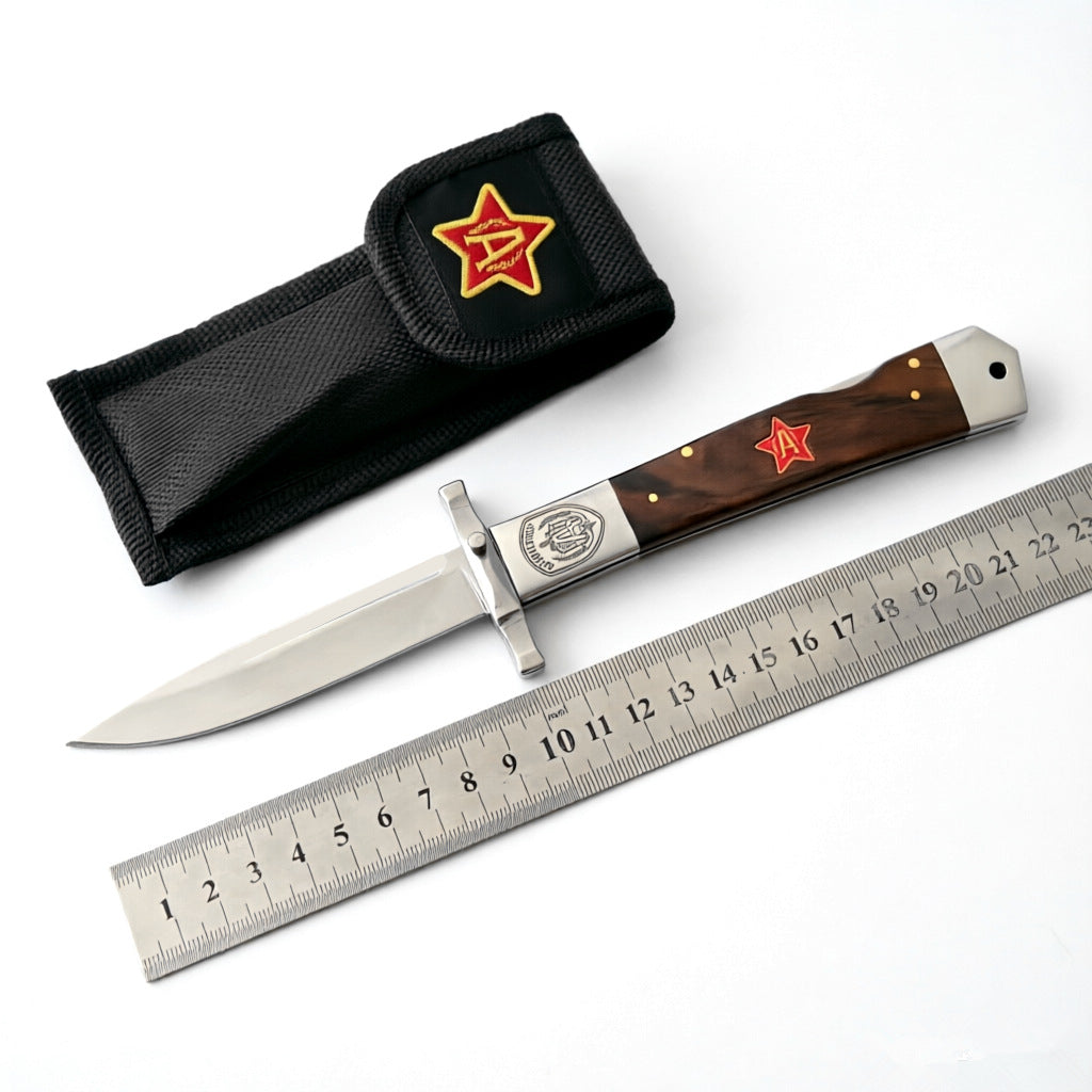 Wood-Handled Folding Knife  9.8cm Stainless Steel Blade | 60° Tip | Wood+Steel Handle | White Box Packaging