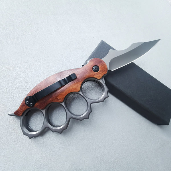 Camping Mini Folding Knife, Wood Handle, High Hardness, with Knuckle Duster (4-Finger Brass Knuckles), Portable Fruit Knife