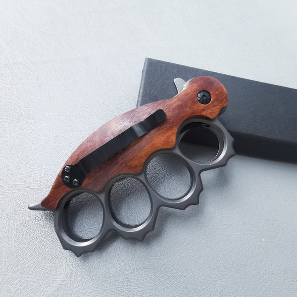 Camping Mini Folding Knife, Wood Handle, High Hardness, with Knuckle Duster (4-Finger Brass Knuckles), Portable Fruit Knife
