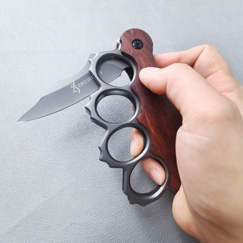 Camping Mini Folding Knife, Wood Handle, High Hardness, with Knuckle Duster (4-Finger Brass Knuckles), Portable Fruit Knife