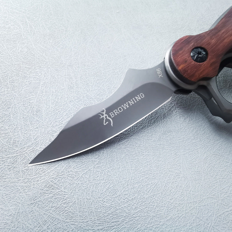 Camping Mini Folding Knife, Wood Handle, High Hardness, with Knuckle Duster (4-Finger Brass Knuckles), Portable Fruit Knife