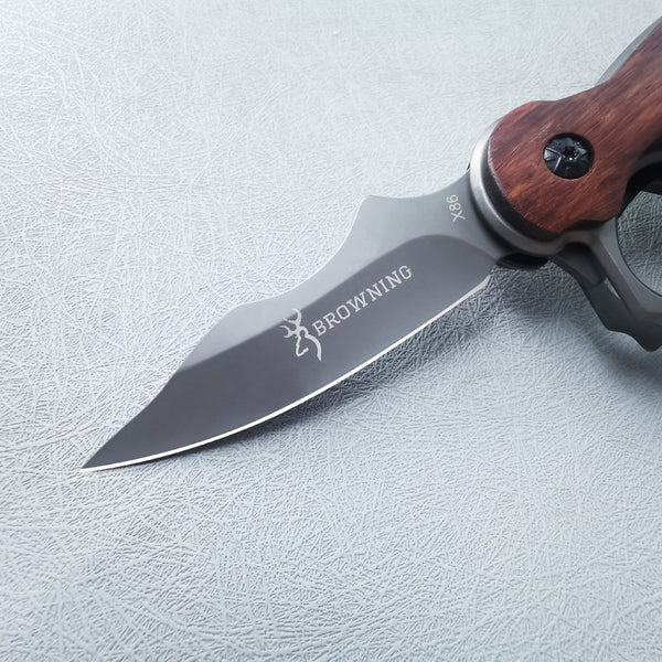 Camping Mini Folding Knife, Wood Handle, High Hardness, with Knuckle Duster (4-Finger Brass Knuckles), Portable Fruit Knife