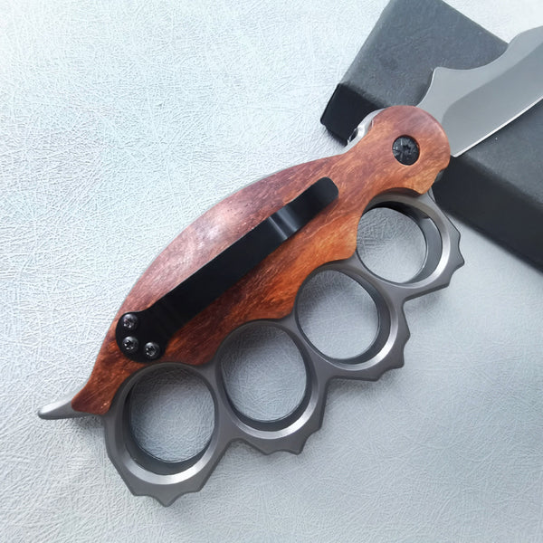 Camping Mini Folding Knife, Wood Handle, High Hardness, with Knuckle Duster (4-Finger Brass Knuckles), Portable Fruit Knife