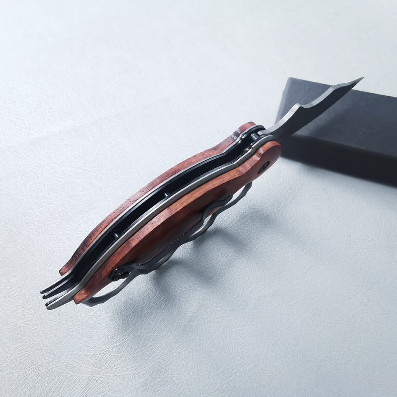 Camping Mini Folding Knife, Wood Handle, High Hardness, with Knuckle Duster (4-Finger Brass Knuckles), Portable Fruit Knife